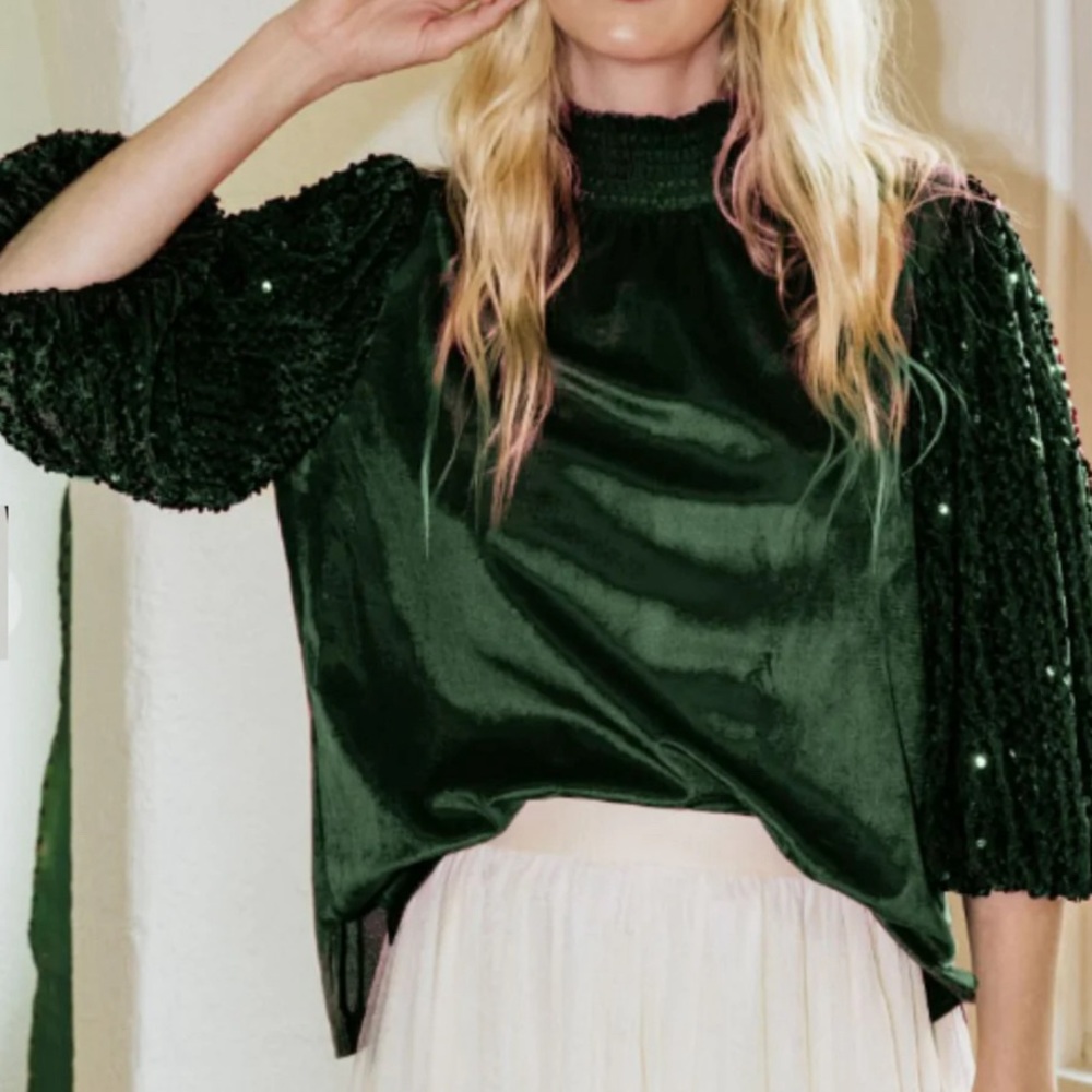 Oddy Emerald Velvet Sequin Sleeve Top